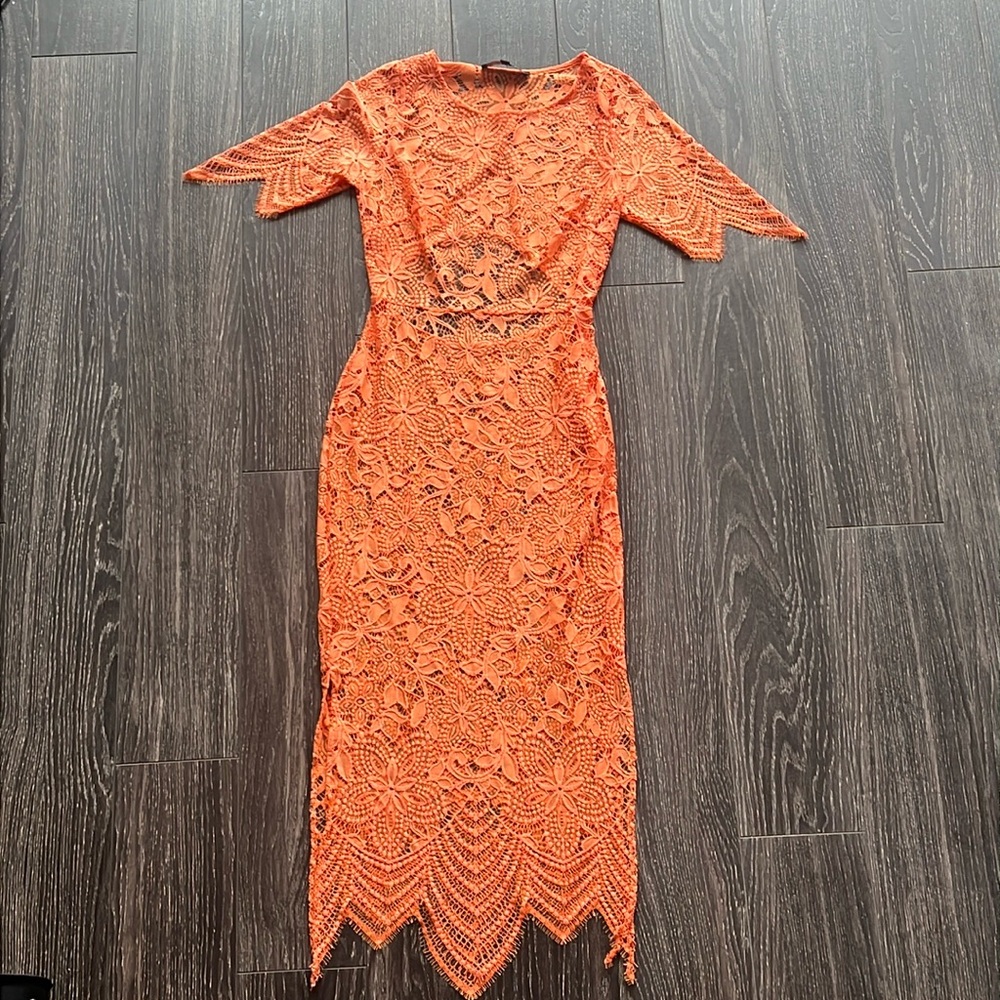 For Love & Lemons Orange Lace Midi Dress